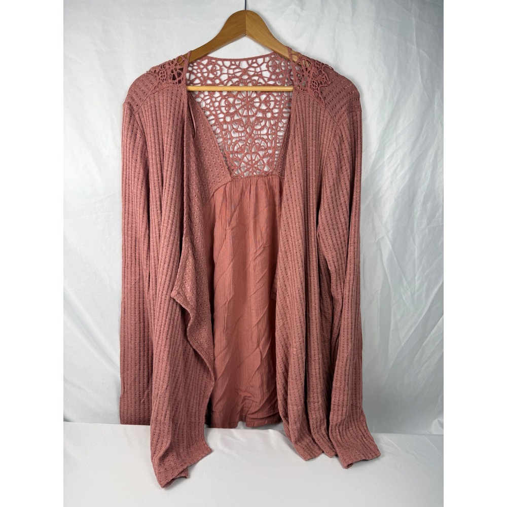 Knox Rose XL Dusty Rose Crochet Lace Back Open Front Cardigan Boho Knit Layer